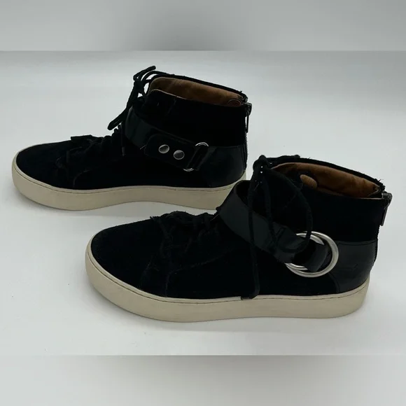 Frye Lena Harness High Top Sneakers Size 5.5 Black Suede Lace Up With Buckle - Picture 2 of 11